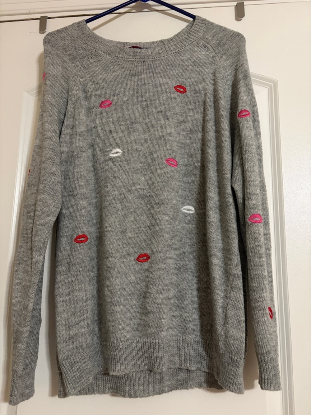 Pink Lily Gray Crewneck Sweater with Red, Pink & White Lip Embroidery
